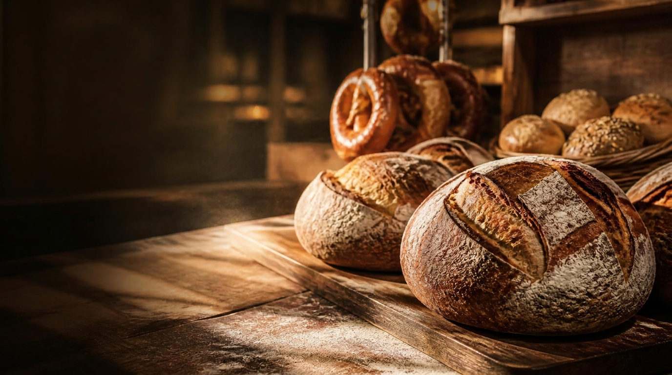 Frisch gebackene Brotlaibe und Brezen auf einem Holztisch in der Backstube